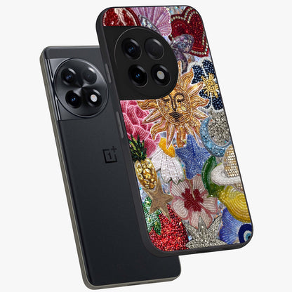 Celestial Floral and Playful Glass Case for 1+11R angled mockup showcasing glossy finish and colorful celestial detailing