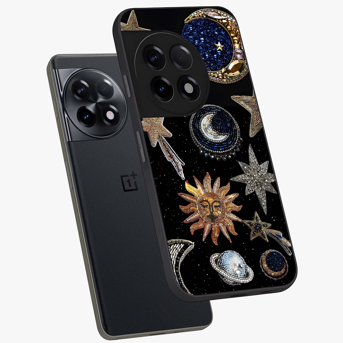 Celestial Gem Constellations Glass Case for 1+11R angled mockup showcasing glossy finish and sparkling cosmic design