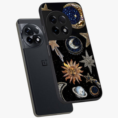 Celestial Gem Constellations Glass Case for 1+11R angled mockup showcasing glossy finish and sparkling cosmic design