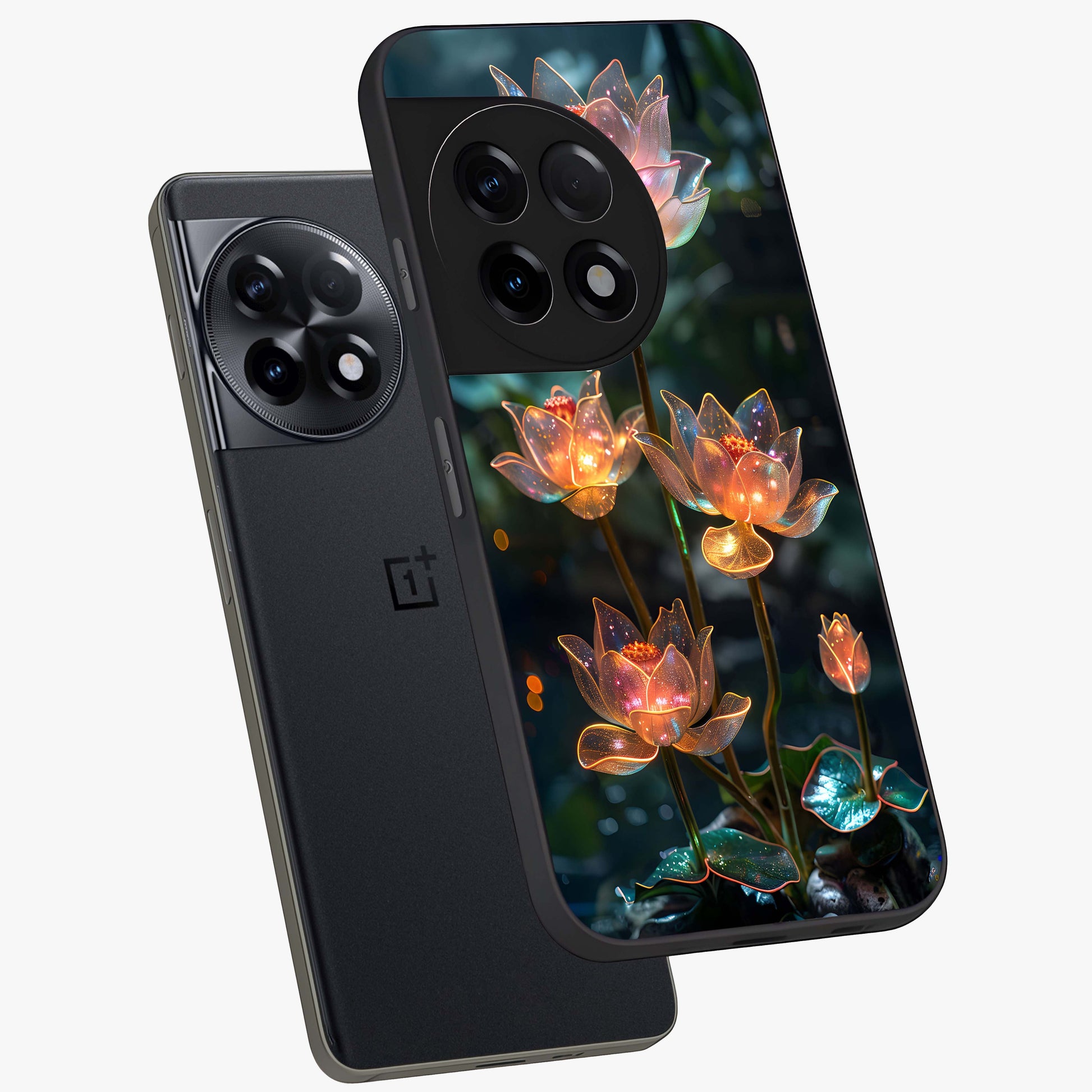 Celestial Lotus Light Glass Case for 1+11R angled mockup showcasing glossy finish and radiant celestial tones