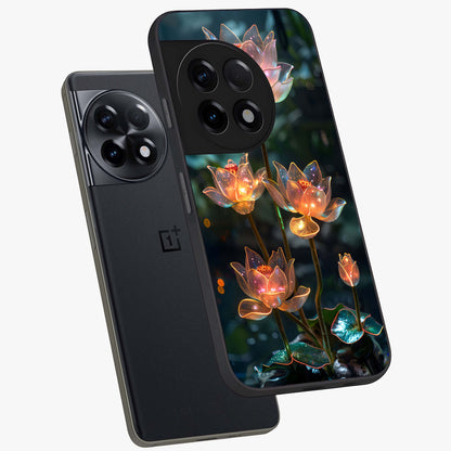 Celestial Lotus Light Glass Case for 1+11R angled mockup showcasing glossy finish and radiant celestial tones
