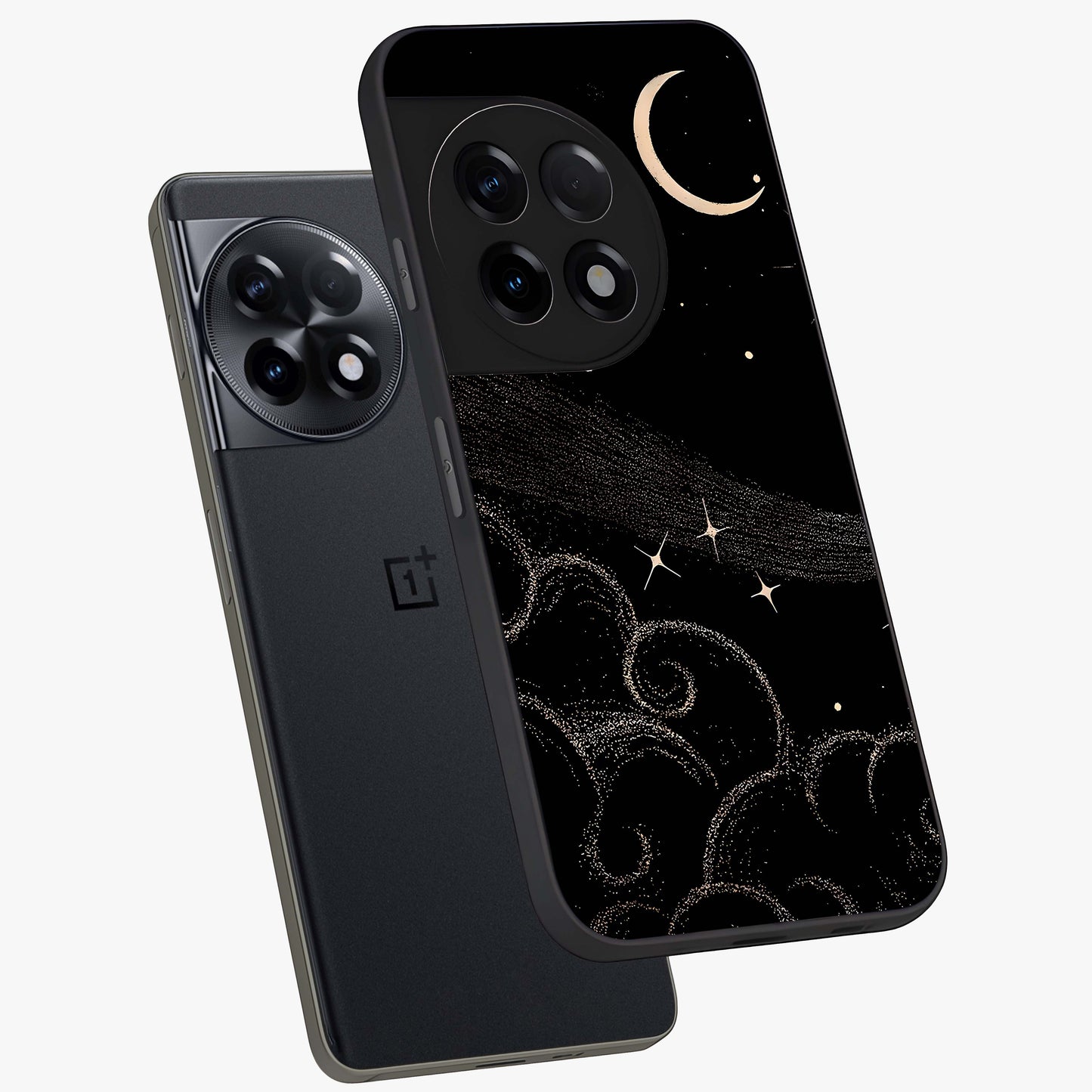 Celestial Midnight Veil Glass Case for 1+11R angled mockup showcasing glossy finish and dark celestial gradients