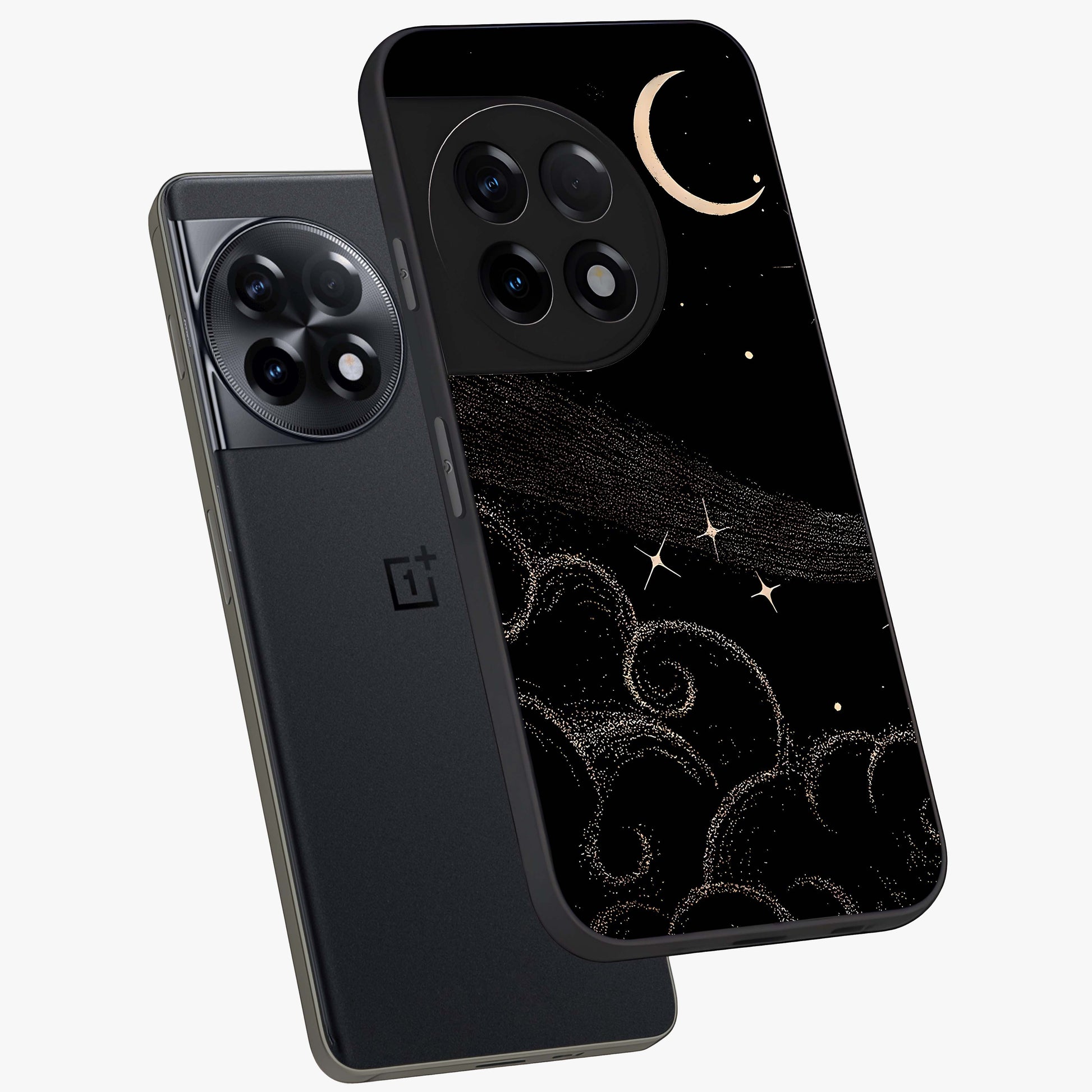Celestial Midnight Veil Glass Case for 1+11R angled mockup showcasing glossy finish and dark celestial gradients