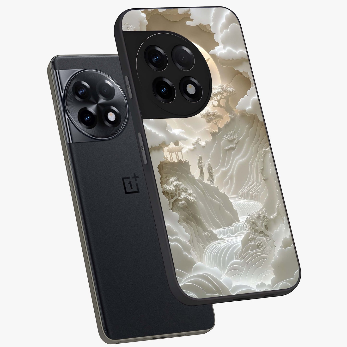 Celestial Origami Glass Case for 1+11R angled mockup showcasing glossy finish and geometric celestial design