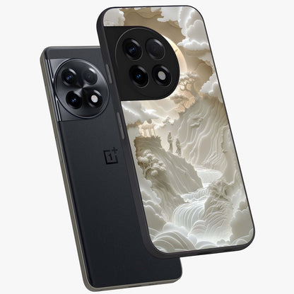 Celestial Origami Glass Case for 1+11R angled mockup showcasing glossy finish and geometric celestial design