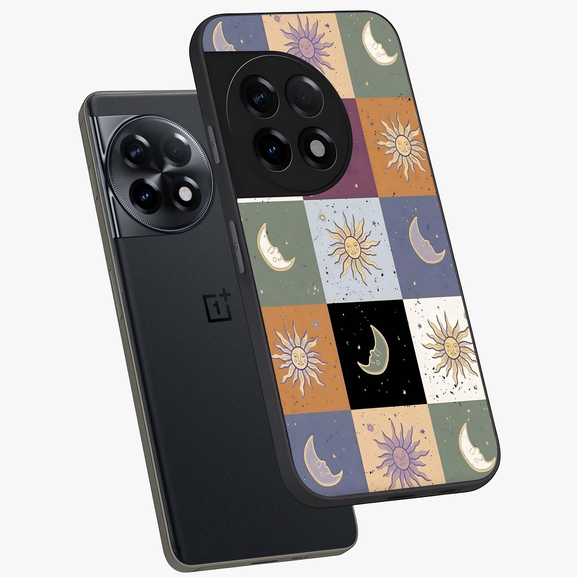 Celestial Patchwork Dreams Glass Case for 1+11R angled mockup showcasing glossy finish and layered celestial textures