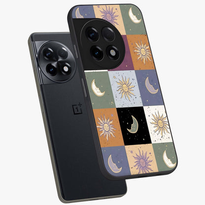 Celestial Patchwork Dreams Glass Case for 1+11R angled mockup showcasing glossy finish and layered celestial textures