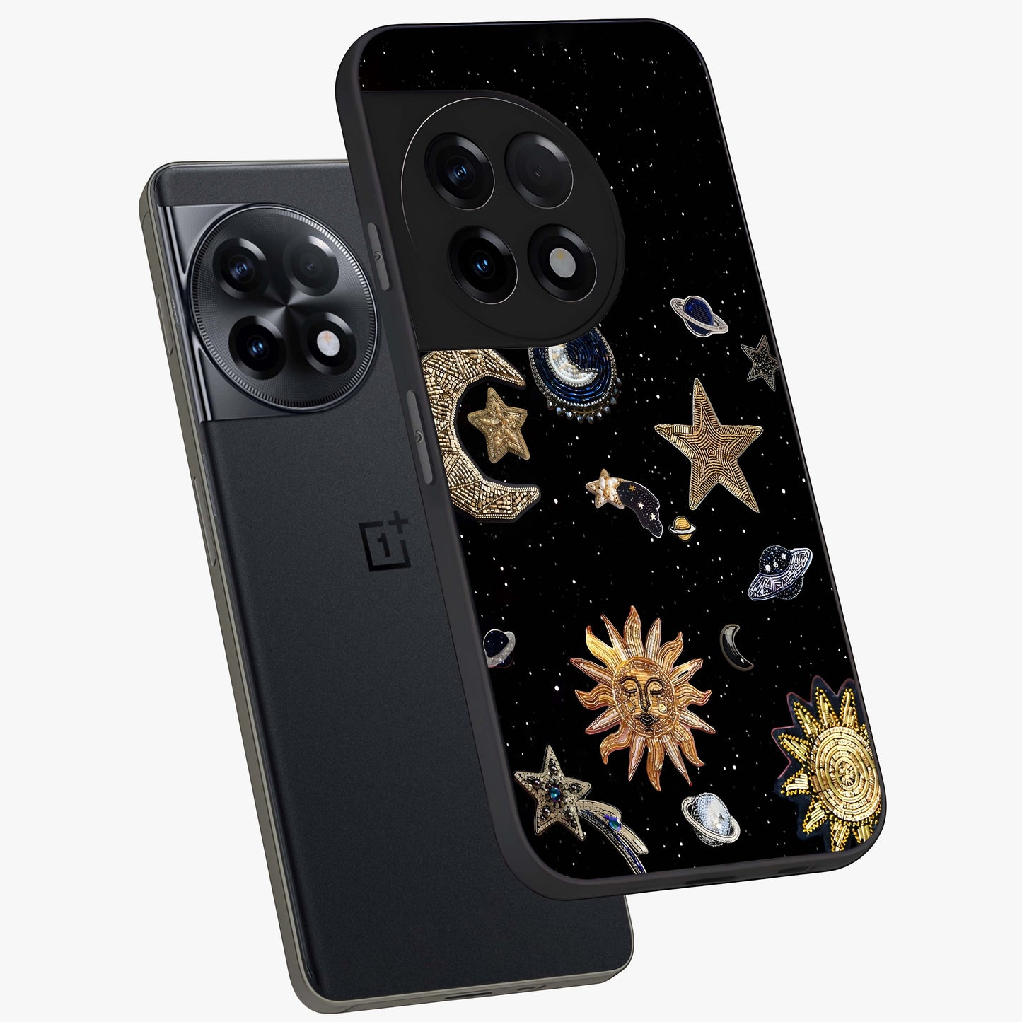 Celestial Star Charm Glass Case for 1+11R angled mockup showcasing glossy finish and shimmering celestial tones