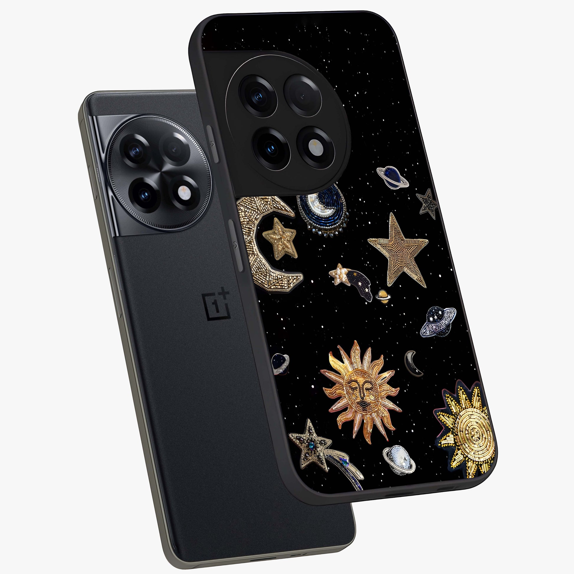 Celestial Star Charm Glass Case for 1+11R angled mockup showcasing glossy finish and shimmering celestial tones