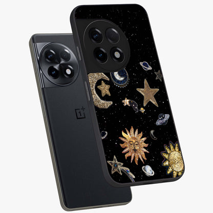 Celestial Star Charm Glass Case for 1+11R angled mockup showcasing glossy finish and shimmering celestial tones