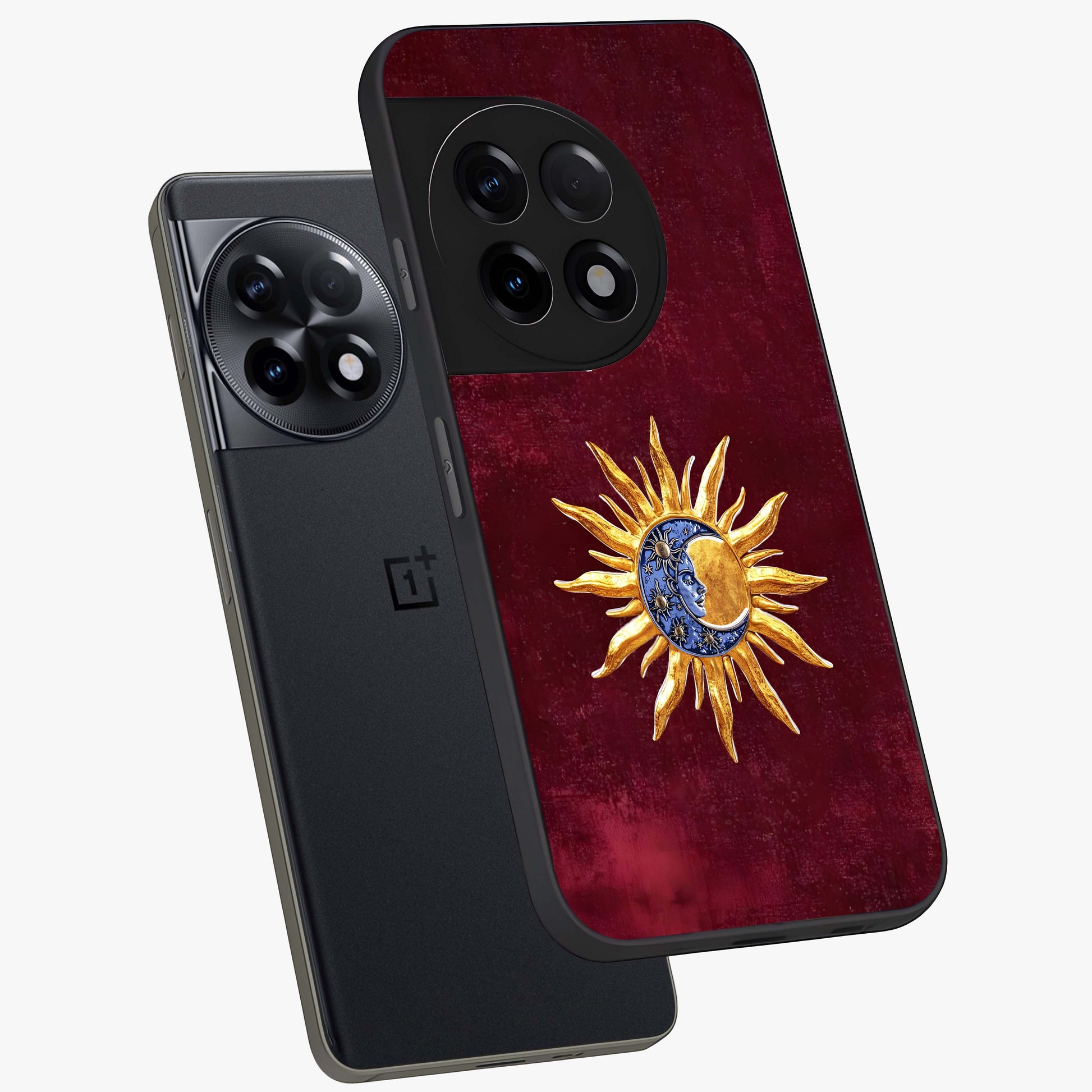 Celestial Unity Charm Glass Case for 1+11R angled mockup showcasing glossy finish and balanced cosmic design