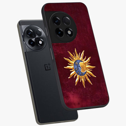 Celestial Unity Charm Glass Case for 1+11R angled mockup showcasing glossy finish and balanced cosmic design