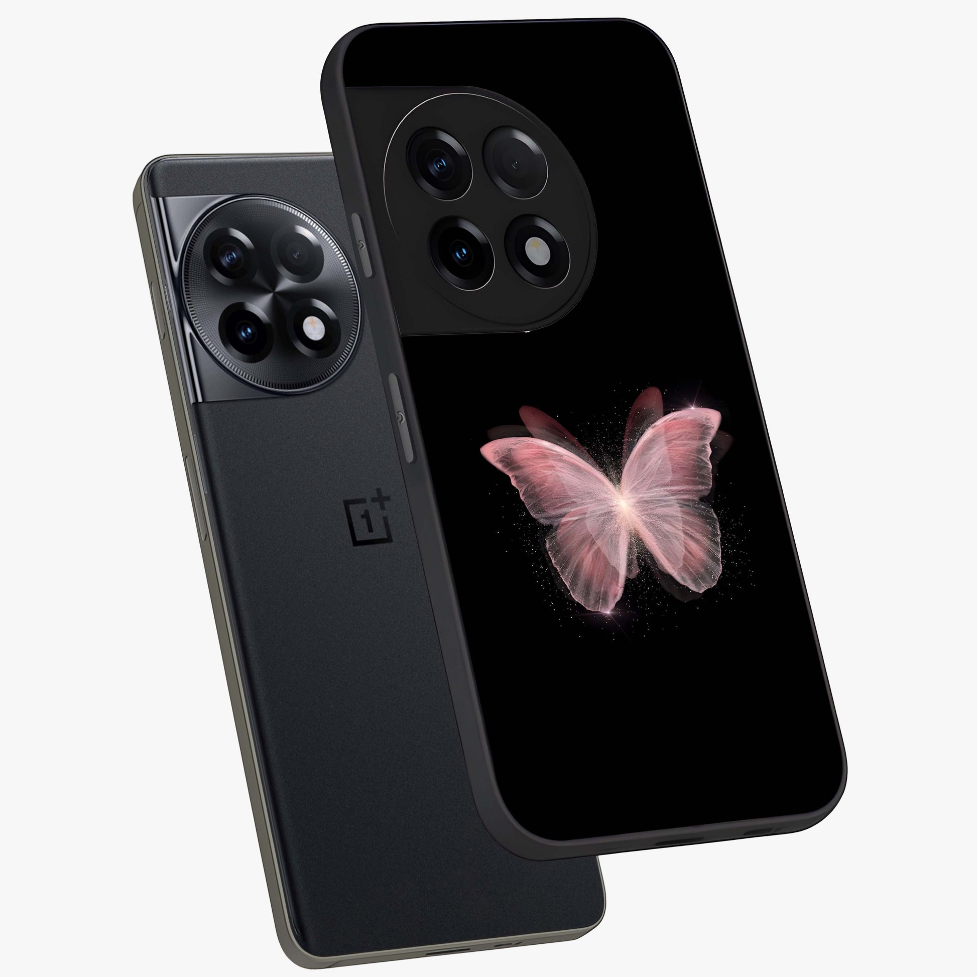 Celestial Wings Butterfly Glass Case for 1+11R angled mockup showcasing glossy finish and luminous wing detailing