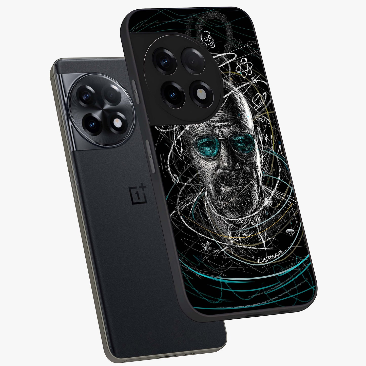 Chaotic Mind Genius Glass Case for 1+11R angled mockup showcasing glossy finish and edgy artistic design