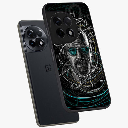 Chaotic Mind Genius Glass Case for 1+11R angled mockup showcasing glossy finish and edgy artistic design