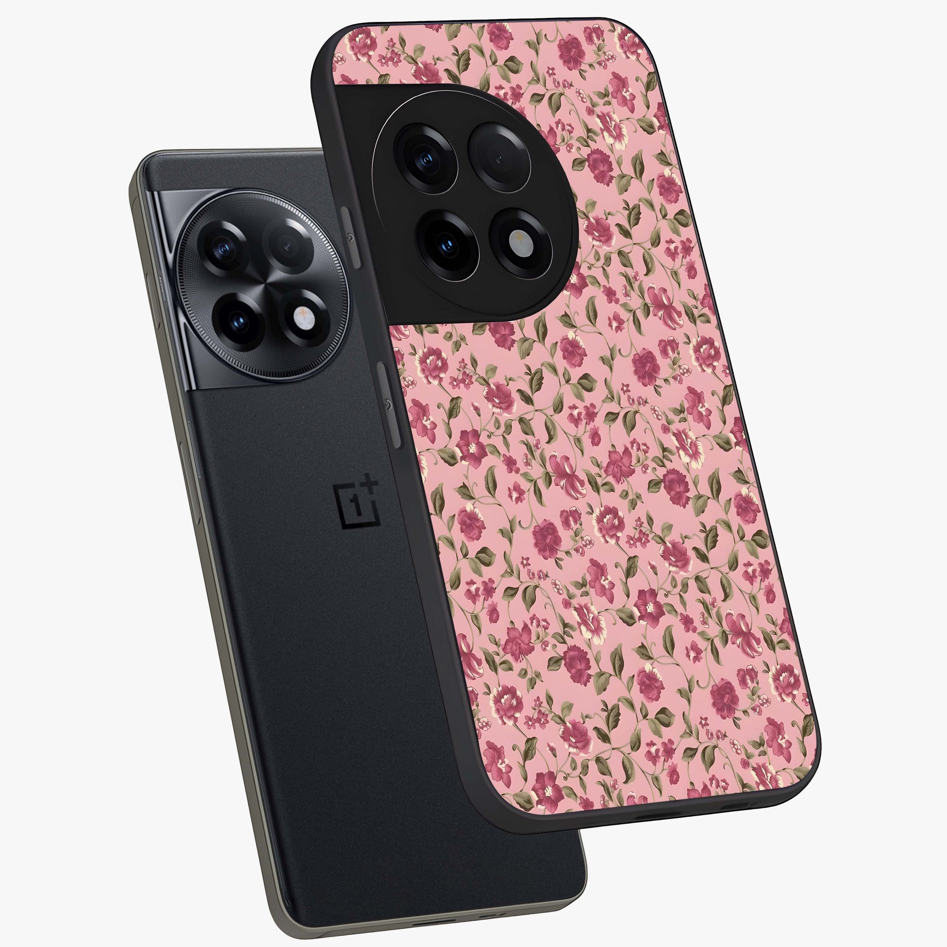 Charming Pink Floral Glass Case for 1+11R angled mockup showcasing glossy finish and elegant bloom detailing