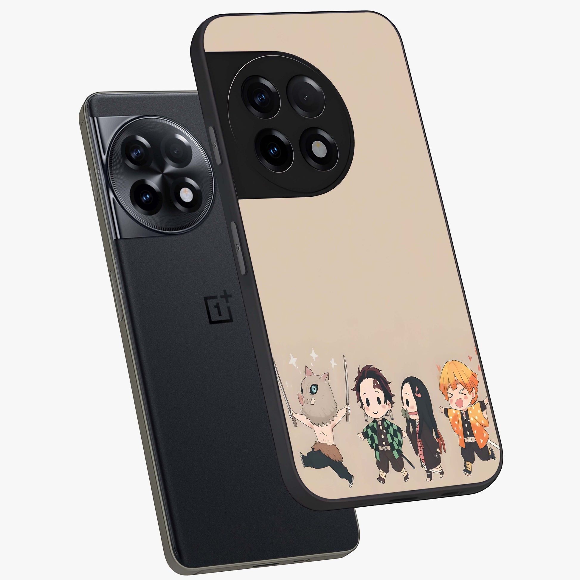 Chibi Demon Squad Glass Case for 1+11R angled mockup showcasing glossy finish and vibrant anime inspired design
