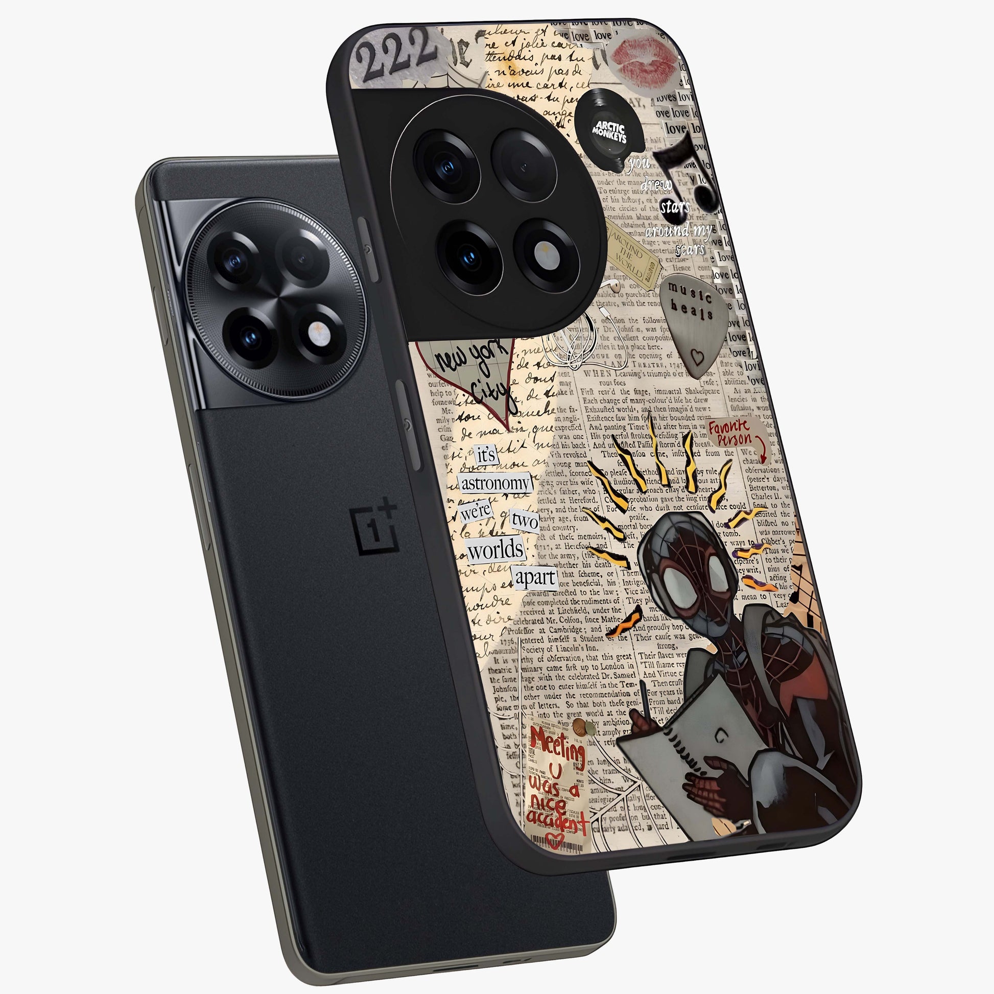 City Dream Sketch Glass Case for 1+11R captured at a warm angle highlighting urban line details, gloss, and edge clarity.