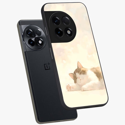 Cloud Nap Cat Glass Case for 1+11R angled mockup showcasing glossy finish and cozy pastel tones