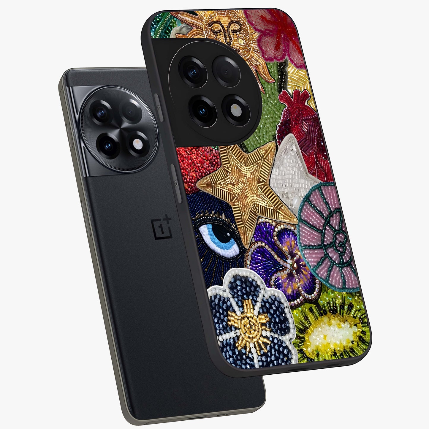 Cosmic Charm Shine Glass Case for 1+11R angled mockup showcasing glossy finish and sparkling cosmic tones