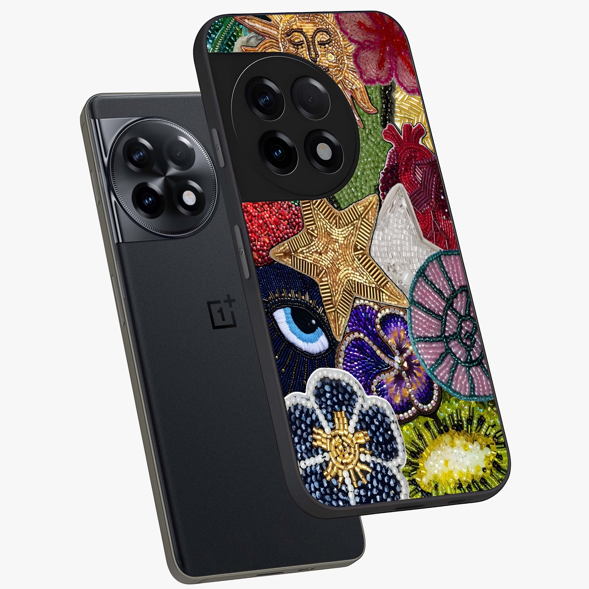 Cosmic Charm Shine Glass Case for 1+11R angled mockup showcasing glossy finish and sparkling cosmic tones
