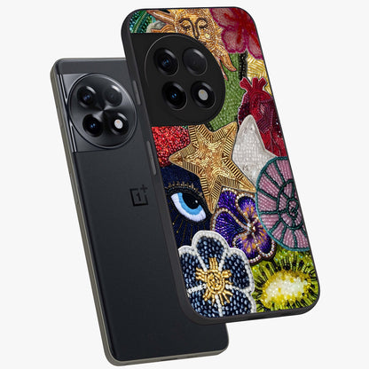 Cosmic Charm Shine Glass Case for 1+11R angled mockup showcasing glossy finish and sparkling cosmic tones