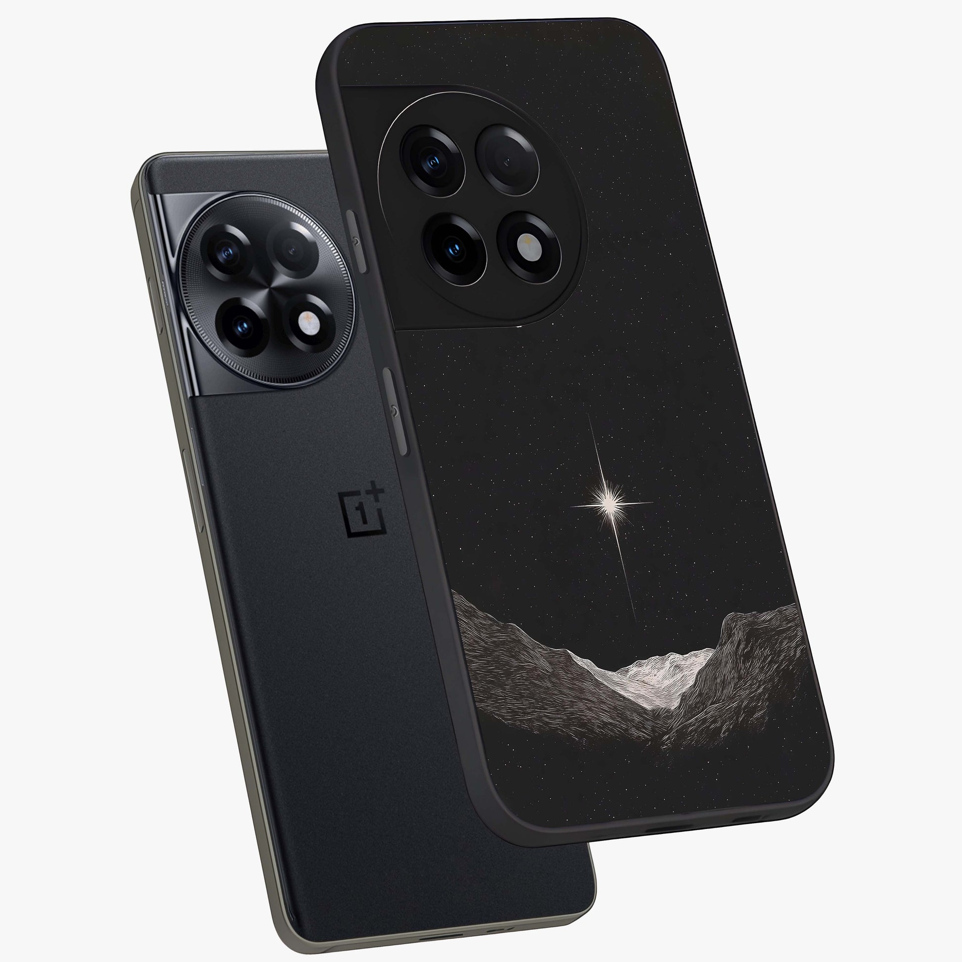 Cosmic Dream Night Glass Case for 1+11R angled mockup showcasing glossy finish and rich midnight gradients