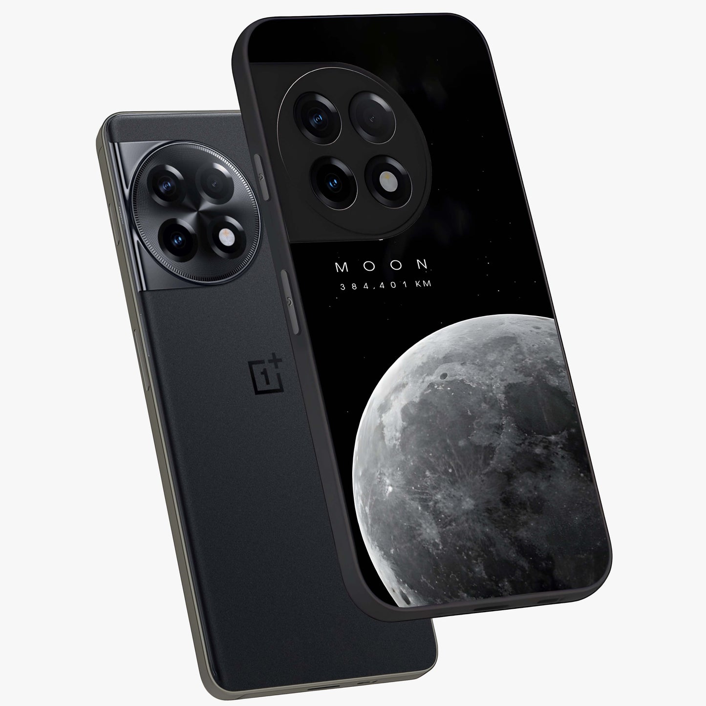 Cosmic Moon Glow Glass Case for 1+11R angled mockup showcasing glossy finish and luminous night design