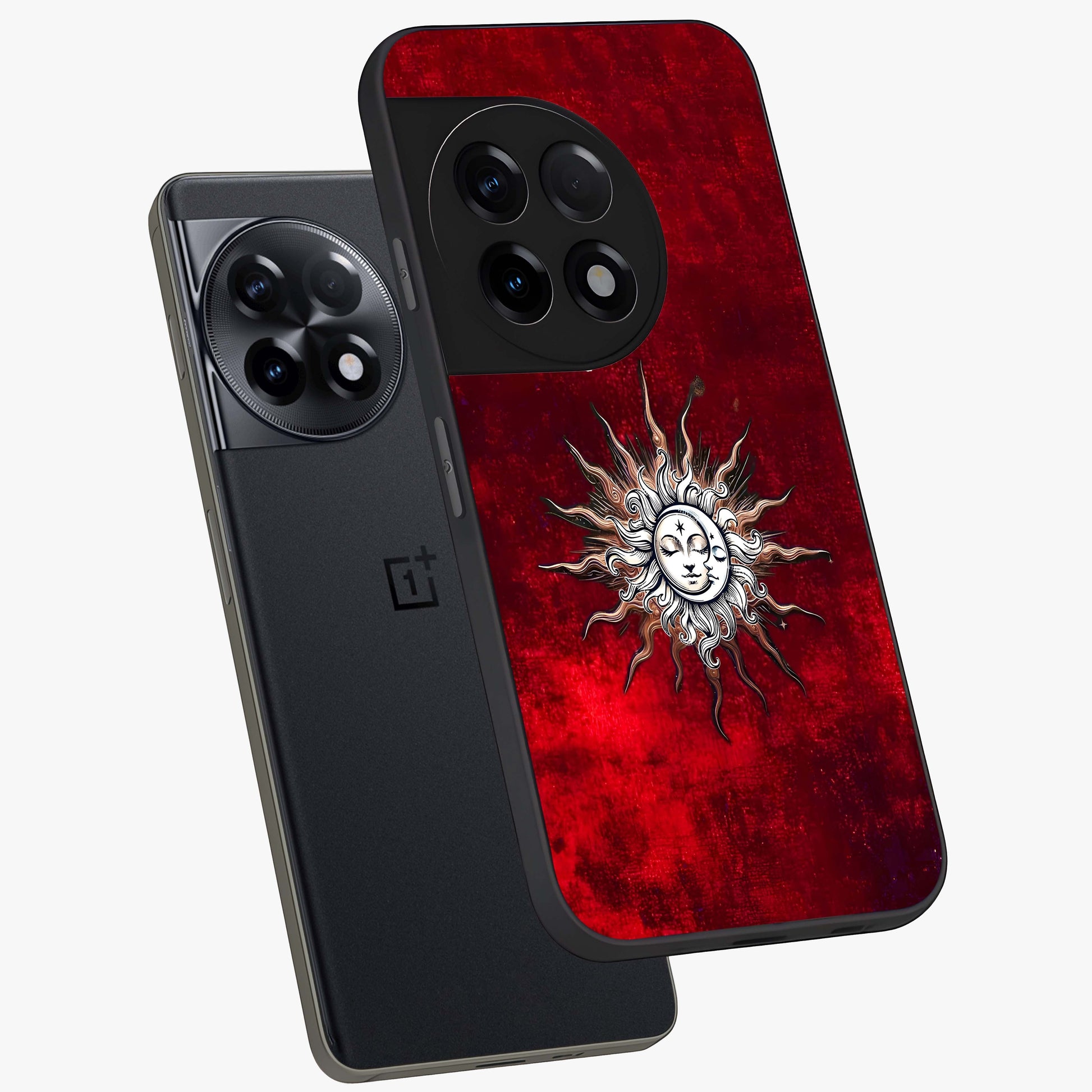 Cosmic Twin Eclipse Glass Case for 1+11R angled mockup showcasing glossy finish and bold celestial contrast