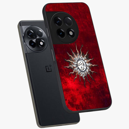 Cosmic Twin Eclipse Glass Case for 1+11R angled mockup showcasing glossy finish and bold celestial contrast