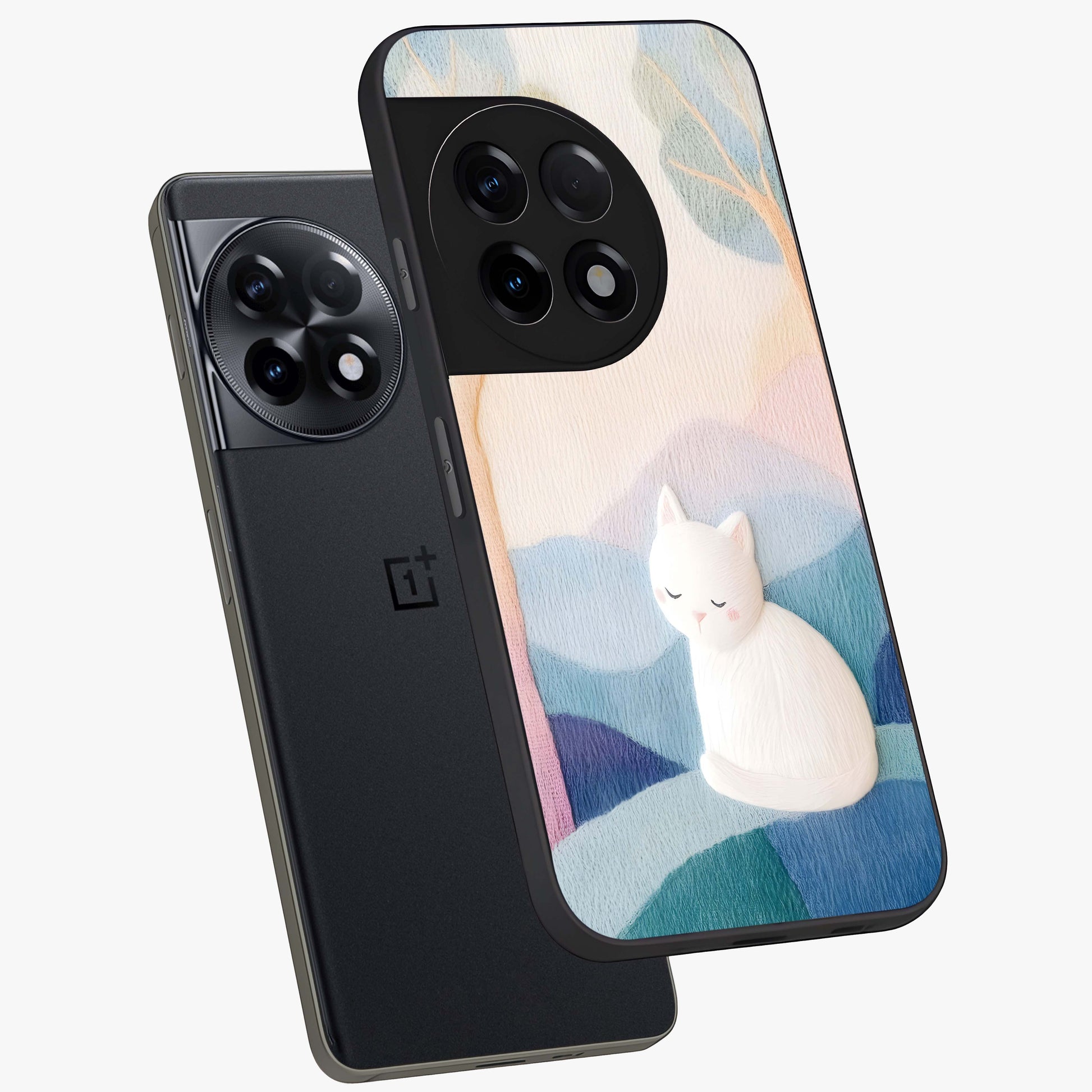 Cotton Dream Cat Glass Case for 1+11R angled mockup showcasing glossy glass finish and cozy aesthetic design