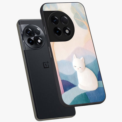 Cotton Dream Cat Glass Case for 1+11R angled mockup showcasing glossy glass finish and cozy aesthetic design