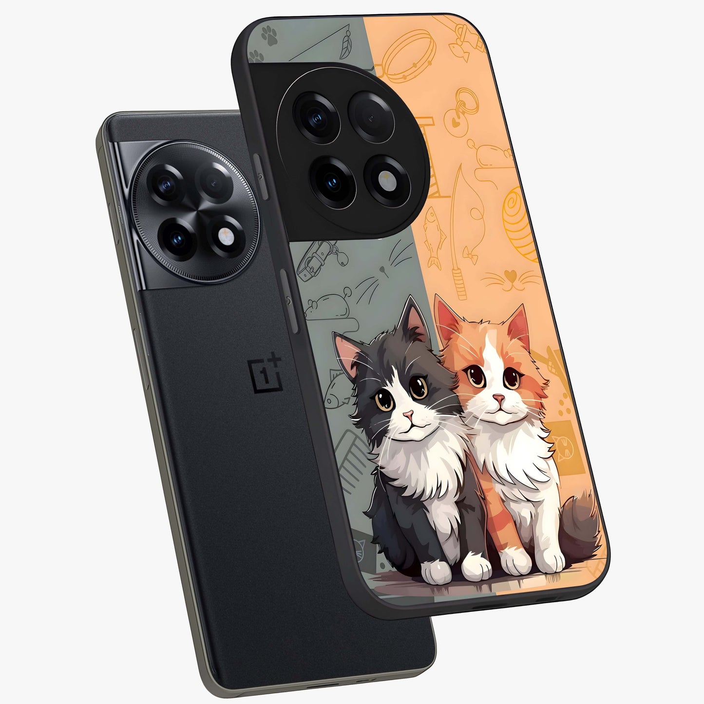 Cozy Cat Duo Glass Case for 1+11R angled mockup showcasing glossy finish and charming pastel tones