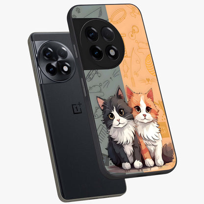 Cozy Cat Duo Glass Case for 1+11R angled mockup showcasing glossy finish and charming pastel tones
