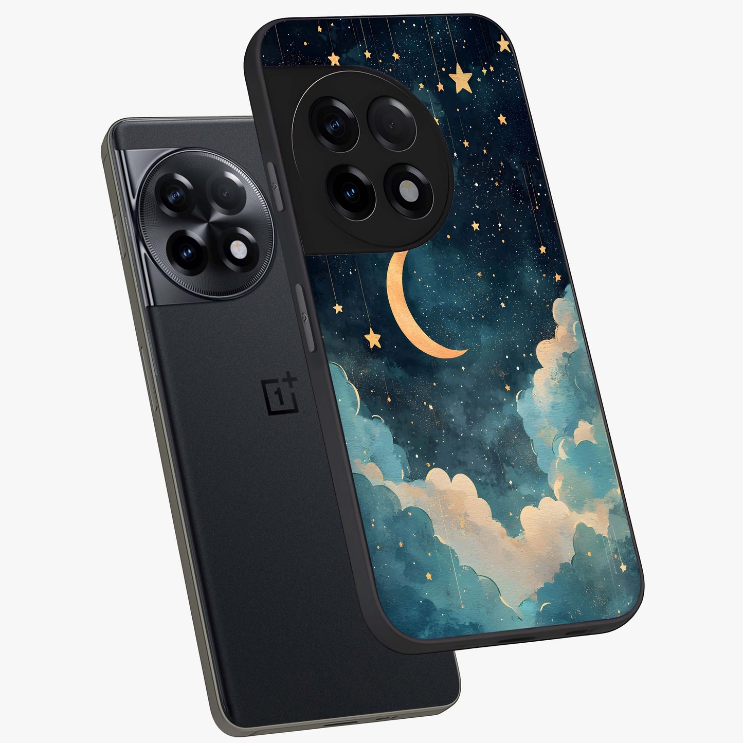 Crescent Galaxy Moon Glass Case for 1+11R angled mockup showcasing glossy finish and glowing galaxy tones
