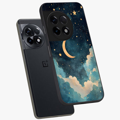 Crescent Galaxy Moon Glass Case for 1+11R angled mockup showcasing glossy finish and glowing galaxy tones