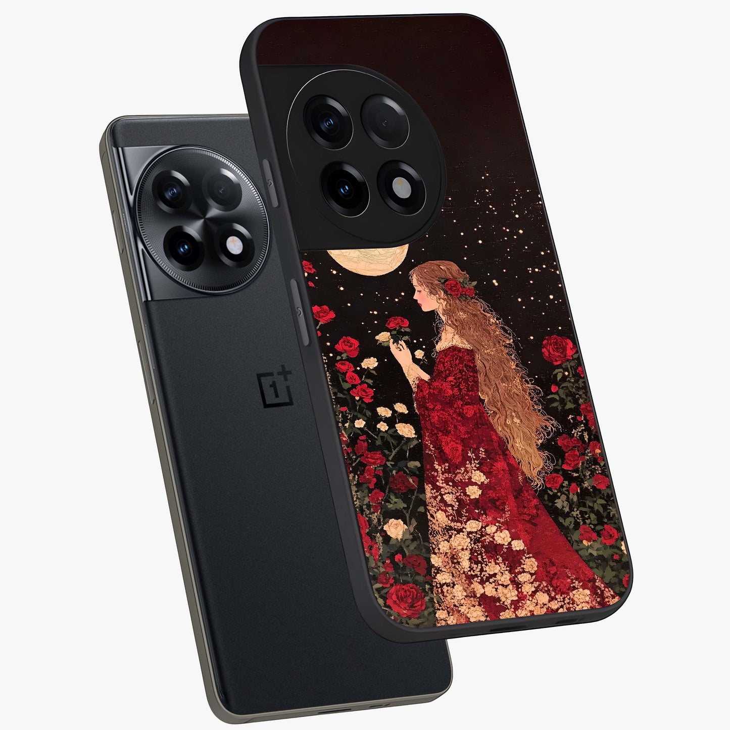 Crimson Dreams Glass Case for 1+11R angled mockup showcasing glossy finish and deep crimson gradients