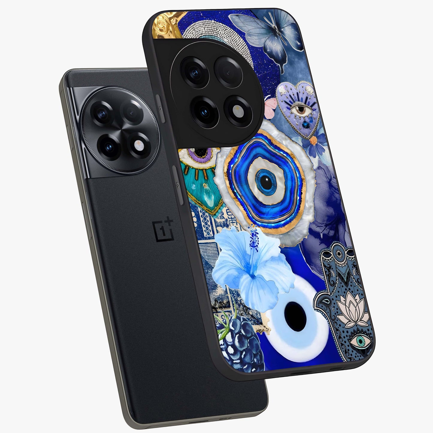 Crimson Evil Eye Charm Glass Case for 1+11R angled mockup showcasing glossy finish and vibrant symbolic detailing