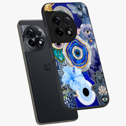 Crimson Evil Eye Charm Glass Case for 1+11R angled mockup showcasing glossy finish and vibrant symbolic detailing