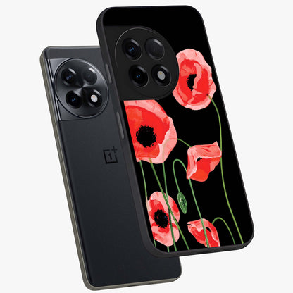 Crimson Garden Dream Glass Case for 1+11R angled mockup showcasing glossy finish and vibrant bloom detailing