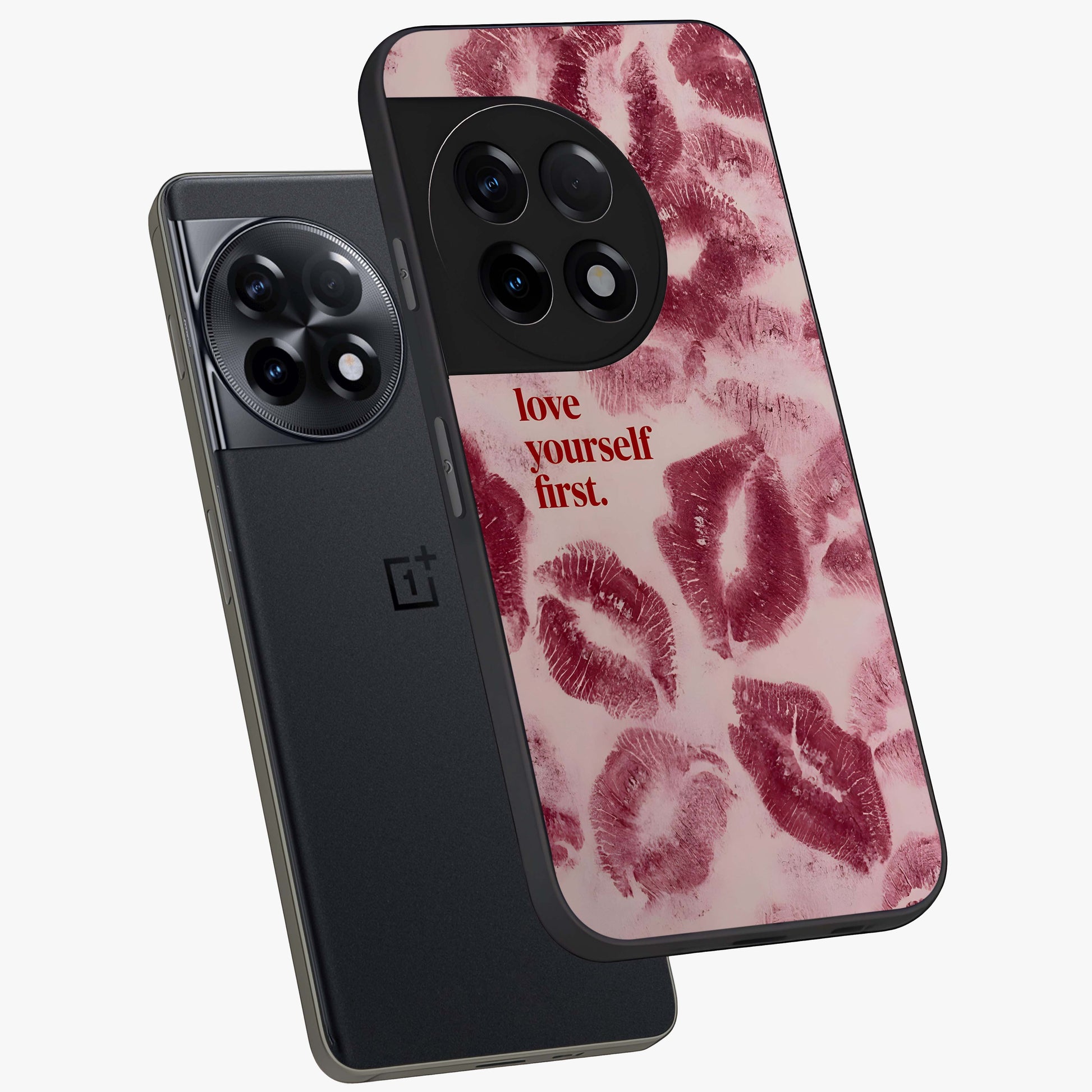 Crimson Kiss Love Glass Case for 1+11R angled mockup showcasing glossy glass finish and rich red tones