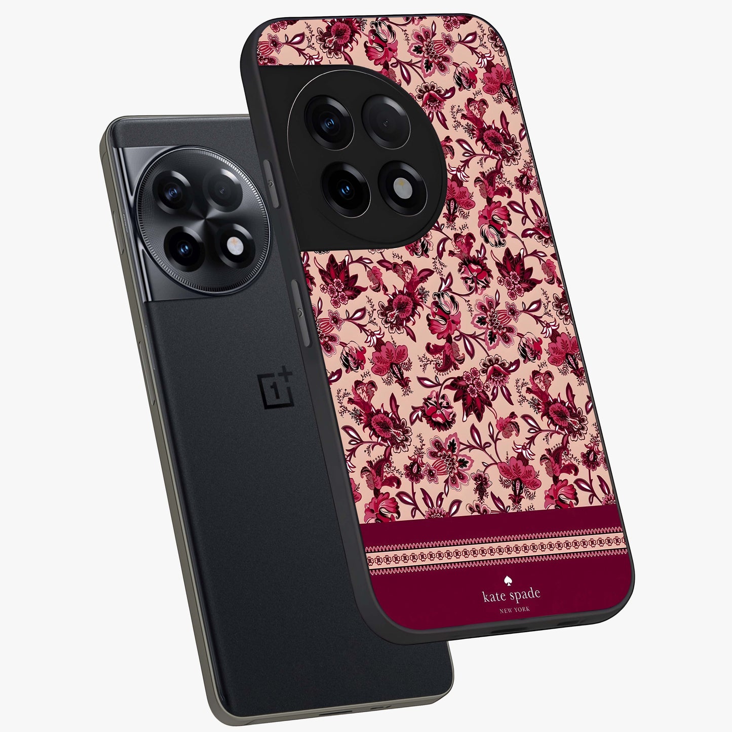 Crimson Rose Charm Glass Case for 1+11R angled mockup showcasing glossy finish and romantic floral detailing