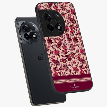 Crimson Rose Charm Glass Case for 1+11R angled mockup showcasing glossy finish and romantic floral detailing