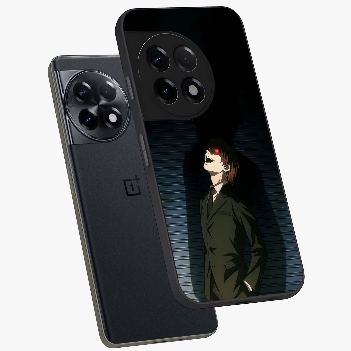 Crimson Shadow King Glass Case for 1+11R angled mockup showcasing glossy finish and dark royal aesthetic