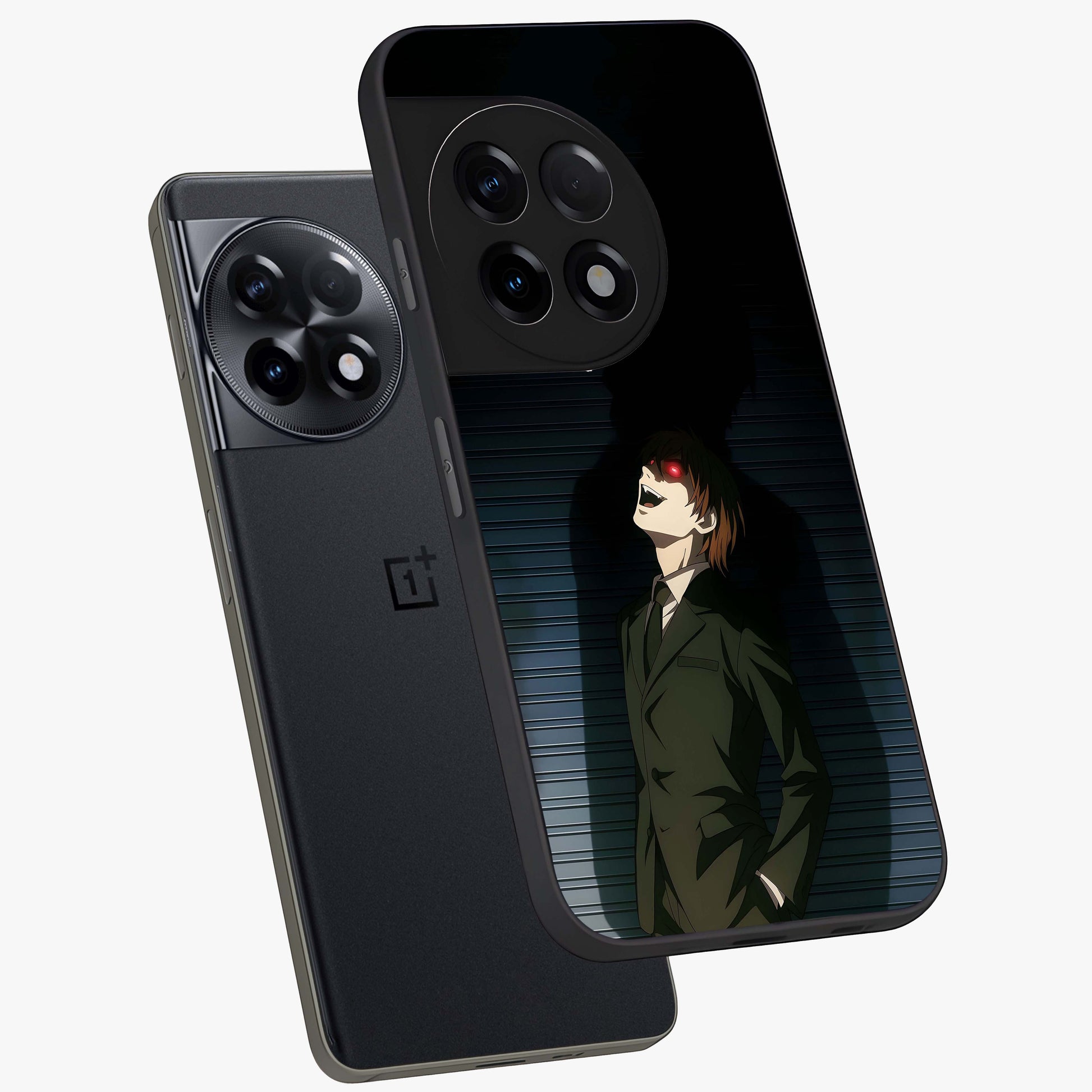 Crimson Shadow King Glass Case for 1+11R angled mockup showcasing glossy finish and dark royal aesthetic