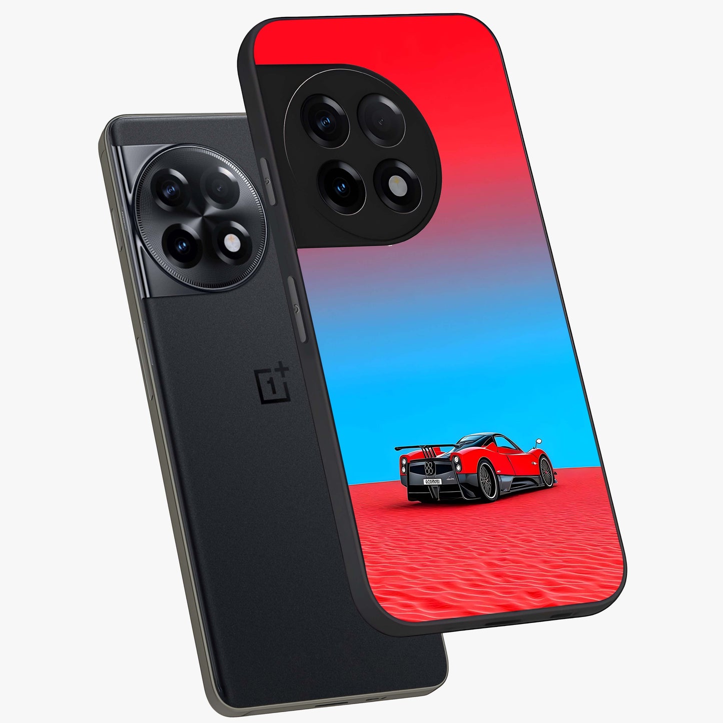 Crimson Speed Mirage Glass Case for 1+11R angled mockup showcasing glossy finish and dynamic speed detailing