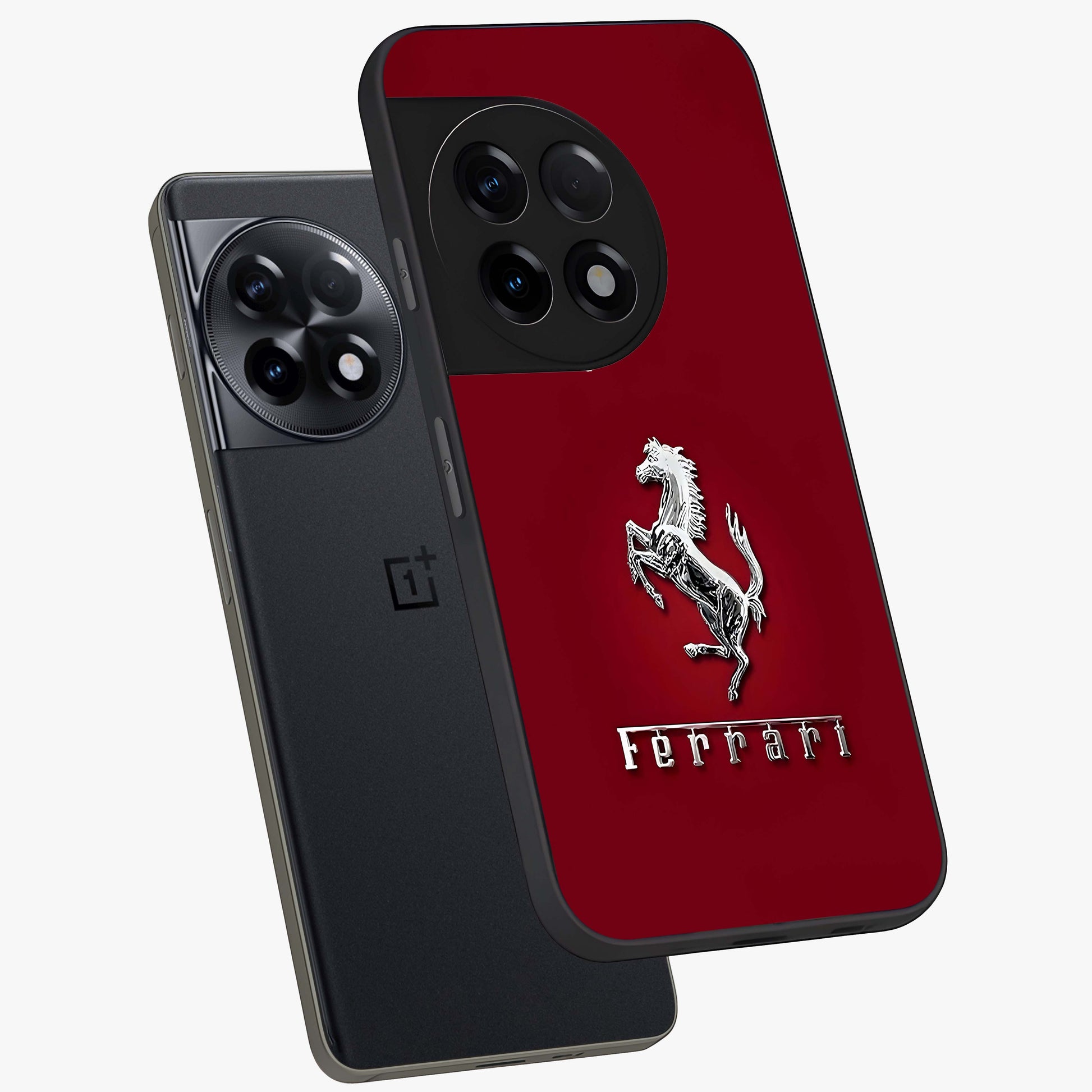 Crimson Stallion Prestige Glass Case for 1+11R angled mockup showcasing glossy finish and bold equestrian detailing