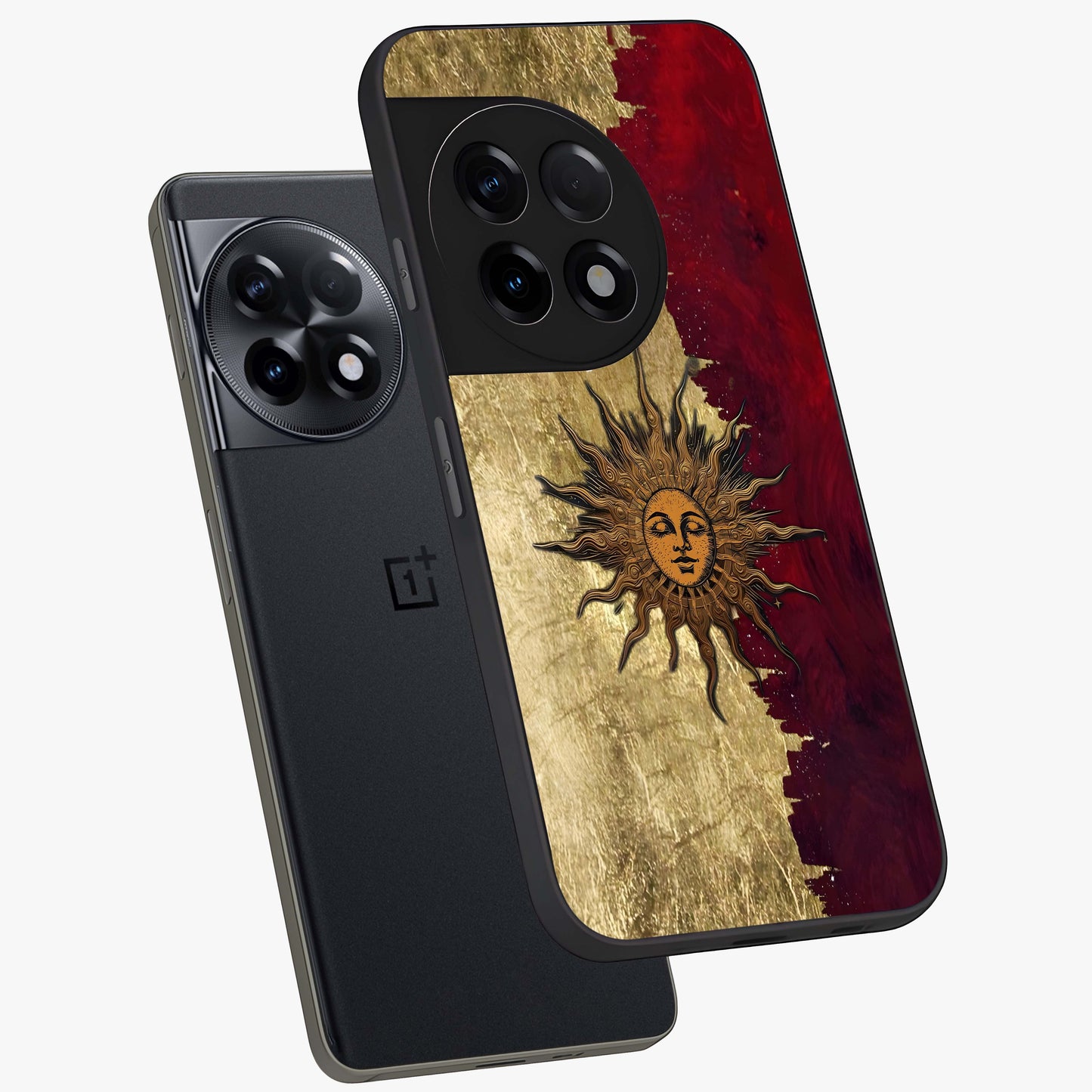 Crimson Sun Majesty Glass Case for 1+11R angled mockup showcasing glossy finish and majestic celestial tones