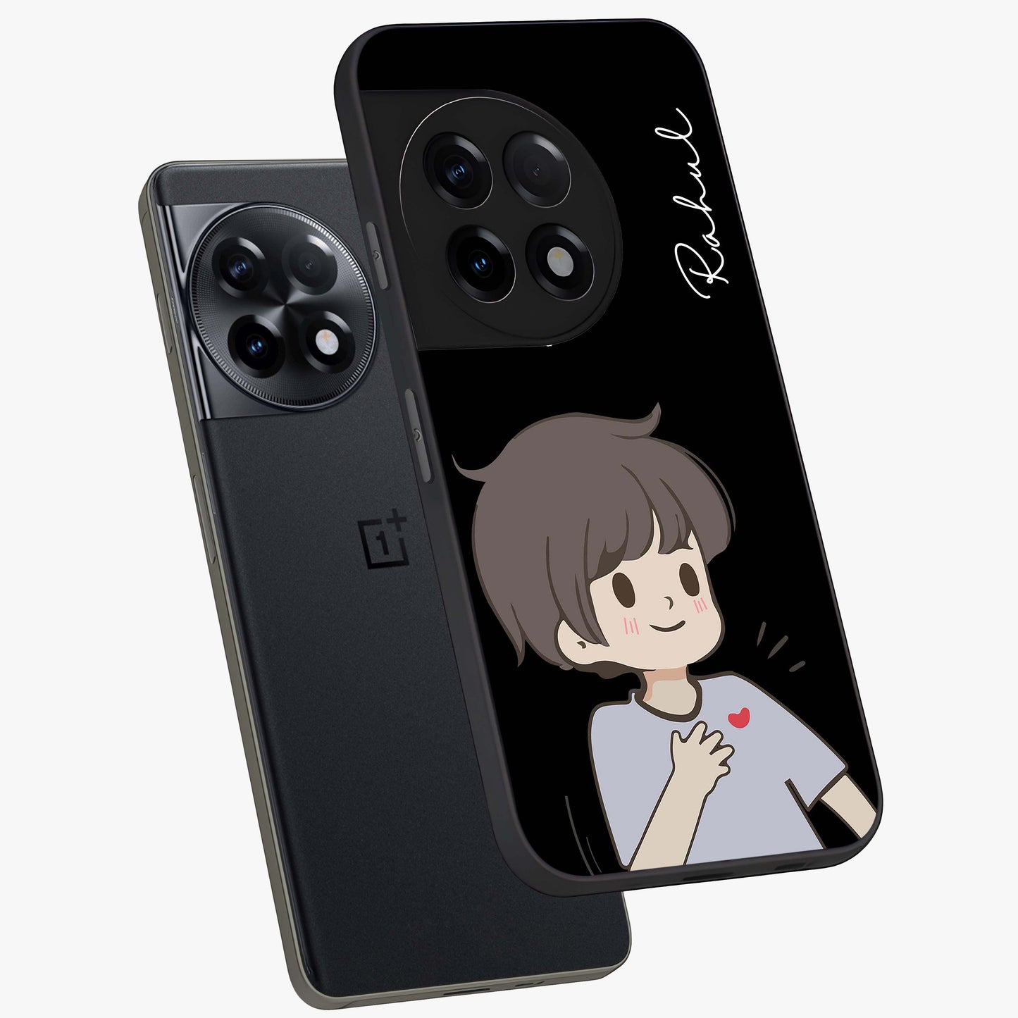 Cute Boy Heart Reaction Glass Case for 1+11R angled mockup showcasing glossy finish and vibrant pastel tones