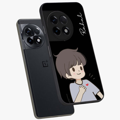 Cute Boy Heart Reaction Glass Case for 1+11R angled mockup showcasing glossy finish and vibrant pastel tones